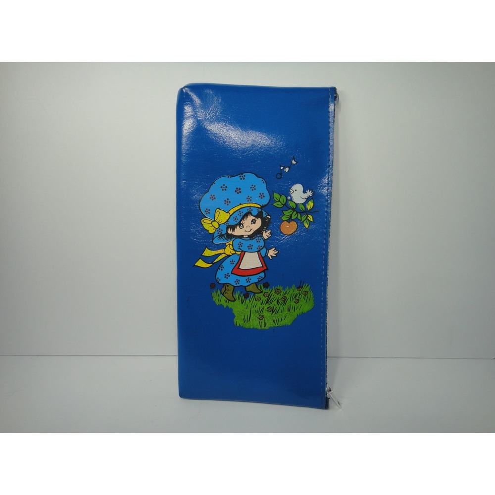 Vintage Strawberry Shortcake Blue Vinyl Pencil Pouch Retro 80s Zipper Case EUC